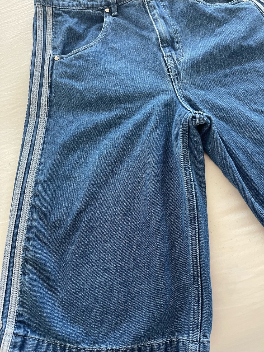 adidas Light Blue Denim Shorts with White Trefoil Tag - Picture 6 of 9